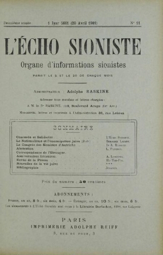 L'Echo Sioniste. Vol. 2 n° 11 (20 avril 1901)